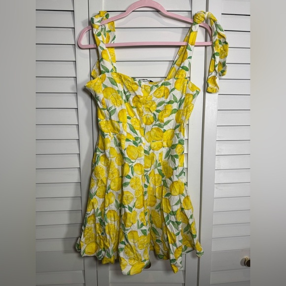 Zara Yellow Lemon Print Linen Blend Mini Dress w Tie Straps Size Small - Picture 3 of 7